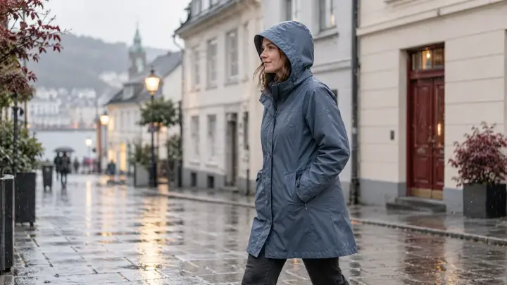 Kvinne i umerket regnjakke går gjennom en regnvåt skandinavisk gate.