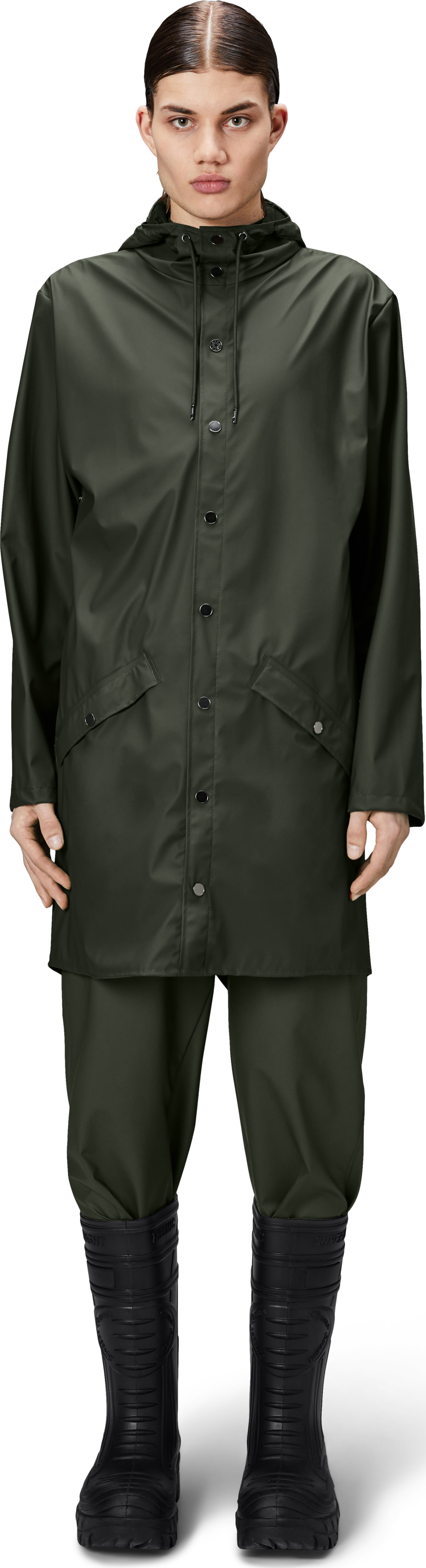 Rains Long Jacket i den avbildede fargen, butikkens produktfoto